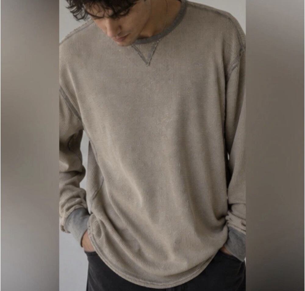 Indigo Palms Men Large Waffle Knit Thermal Shirt 100% Cotton Taupe Gray Vintage